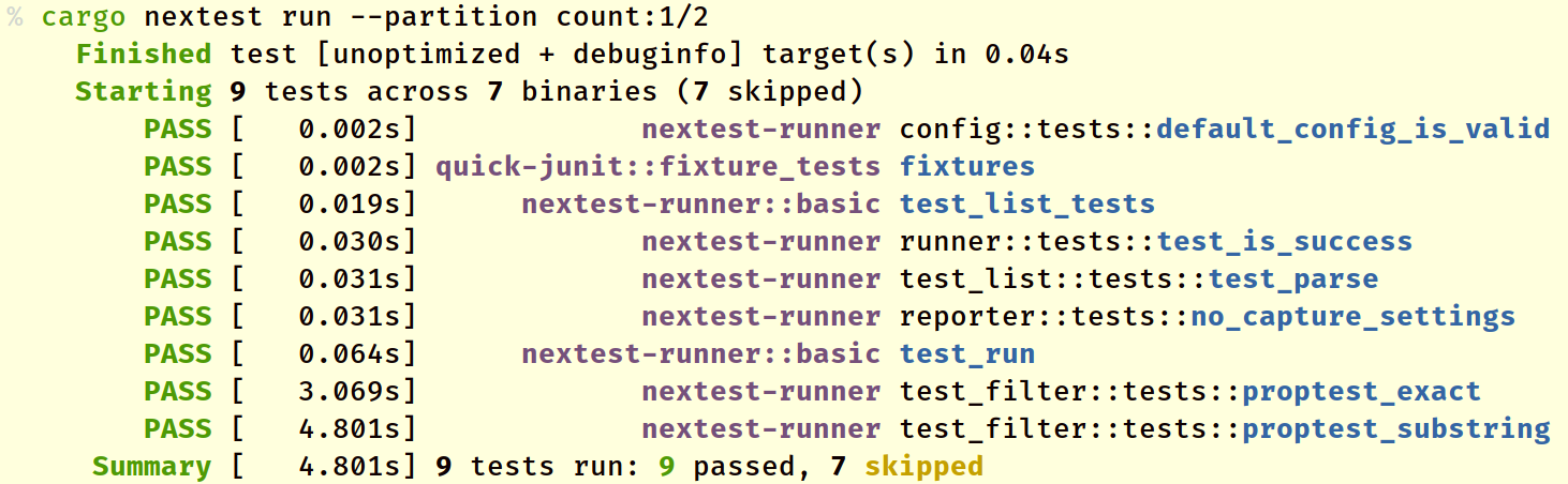 Output of cargo nextest run --partition count:1/2